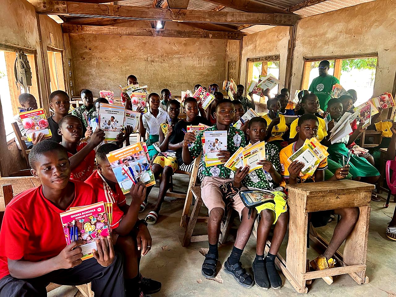 Students seated in class displaying donated learning materials